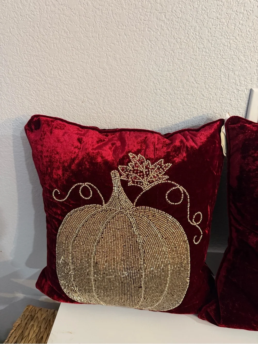 Luxurious Red Velvet Holiday Pumpkin Accent Pillow with Gold Beading